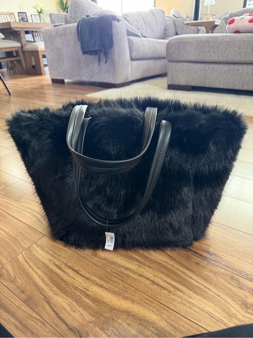 GAP Black Faux Fur Tote with Leather Handles